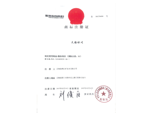 天路冰川商标注册证